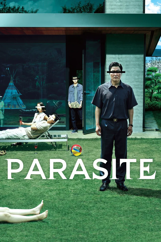 Parasite poster with the two families posed outside a modern house